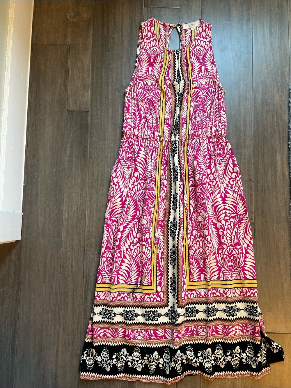 LOFT Fuchsia Printed Maxi Dress with Yellow and Black Accents, size med petite